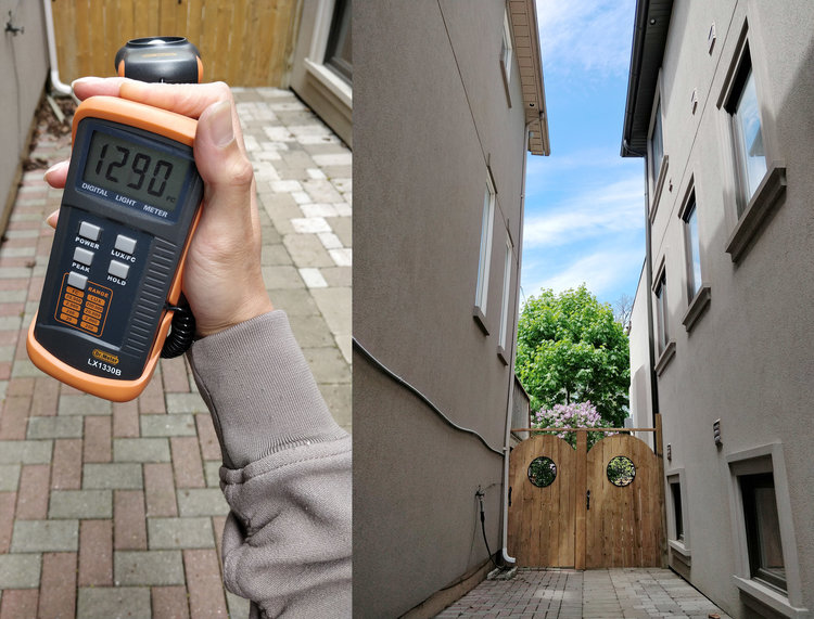 How bright is it between two houses? I measured 1290 foot-candles but let’s think about why…the patch of sky overhead diffuses and reflects the sun’s light onto the light meter.