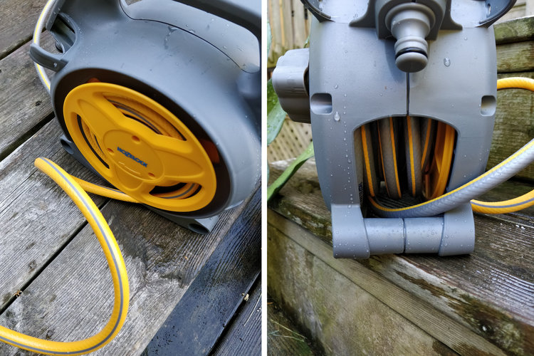 The yellow hose is 6-1/2' long and coils around a spool while the longer grey hose (26' long) wraps on the reel on the opposite side. This gives you flexibility in using the hose: carry the reel with you or leave it as you walk to your plants.