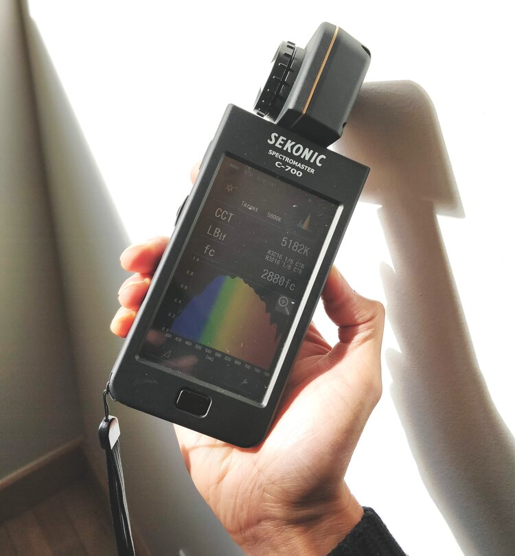 The Spectromaster C-700 is a handheld spectrometer - here I’m measuring sunlight. Notice the SHAPE of the spectral distribution: sunlight is evenly distributed across the wavelength range. I’ll do a separate blog post where I find the spectral distributions of all kinds of lights - it was really fun!