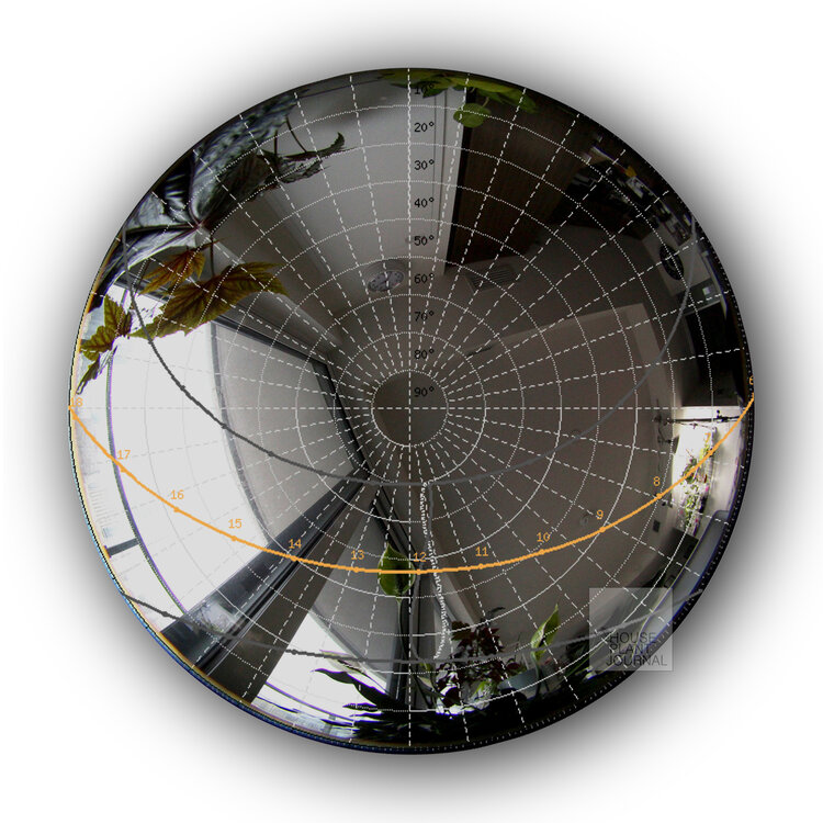 Here’s a map of the sun’s movement for September 22 (the day I took the measurements) in relation to the plant’s view. From the previous table, now we can see why the average light intensity shoots up during the 15th (3pm) and 16th (4pm) hours. Note: the outside buildings aren’t visible due to the camera exposure.  Solar map generated from:  https://www.sunearthtools.com/dp/tools/pos_sun.php